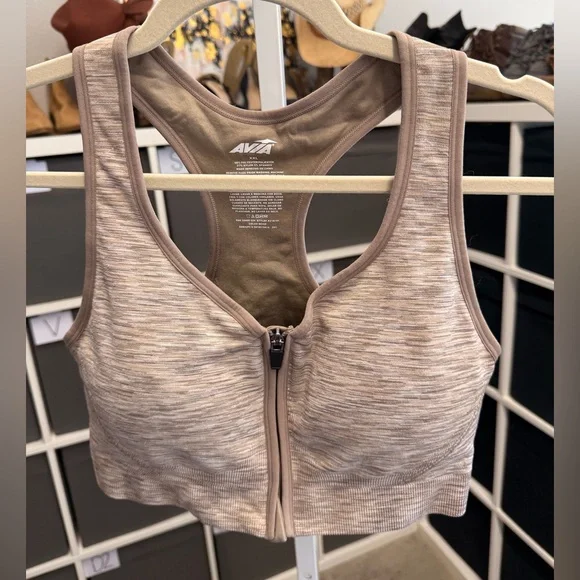 Avia Heathered Tan Zip-Front Sports Bra - Picture 1 of 6